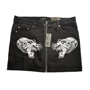 Ed Hardy Tigers Zipper‎ Front Mini Denim Skirt Black Colorful Graphic Design L